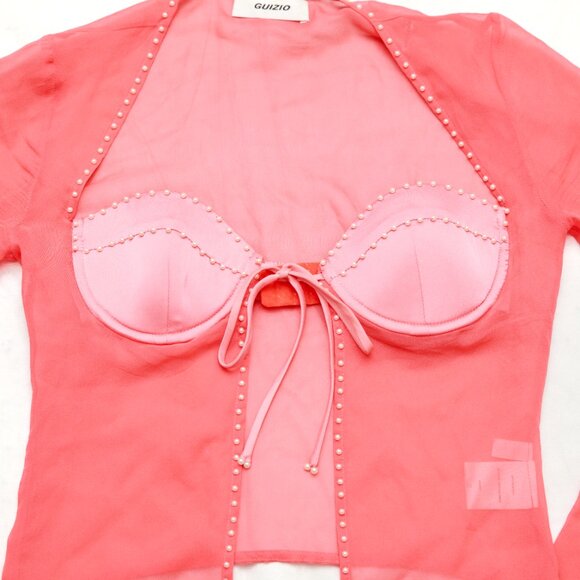 Danielle Guizio Long Sleeve Pearl Trim Top In Punch Silk Size XS - Picture 5 of 14